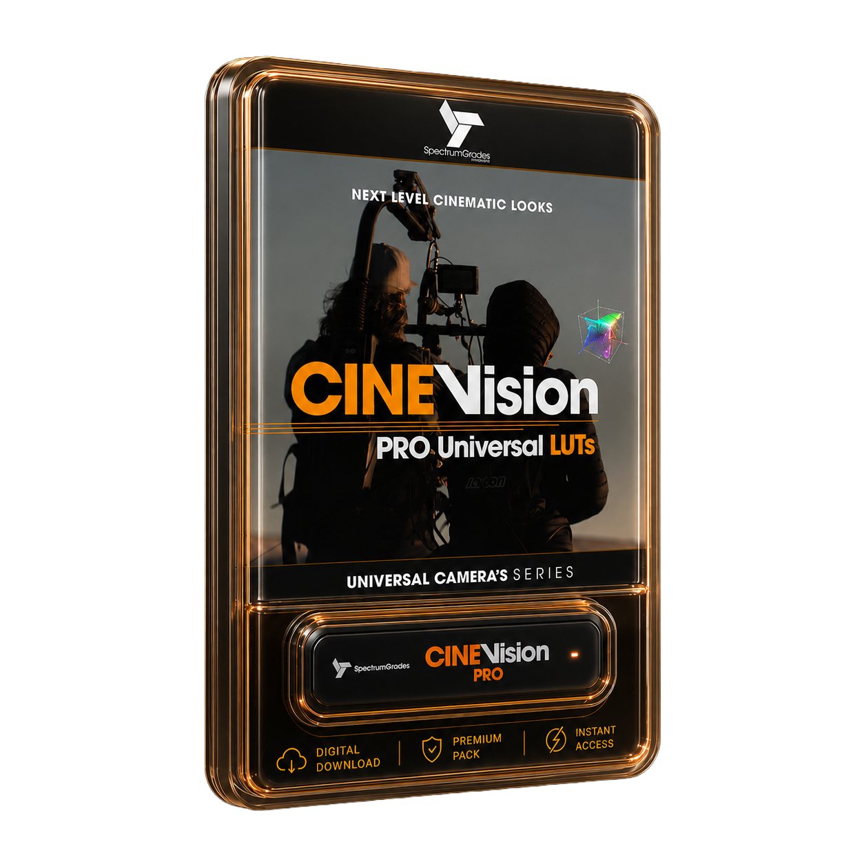 CINEVision Pro Universal LUTs packaging with a camera operator and equipment on a white background